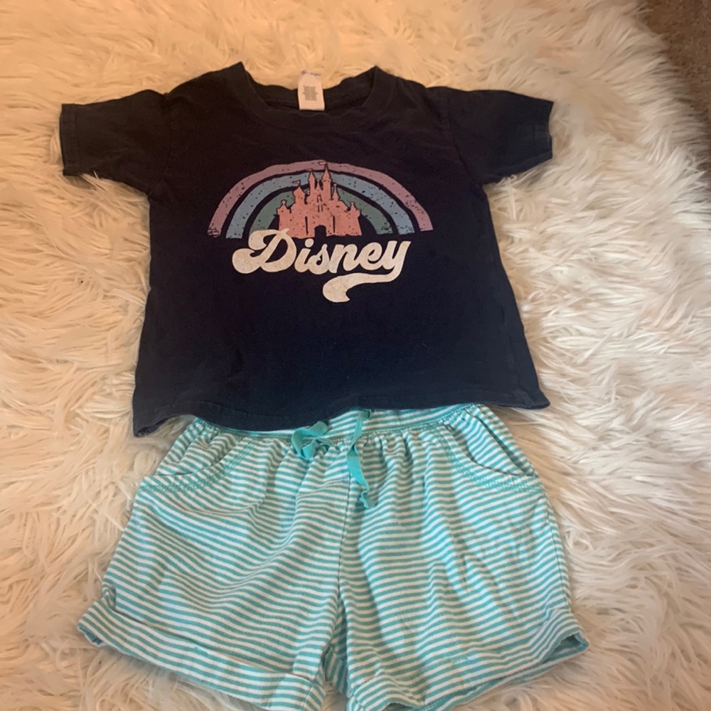 Navy Disney T shirt, with blue striped Old Navy  shorts.